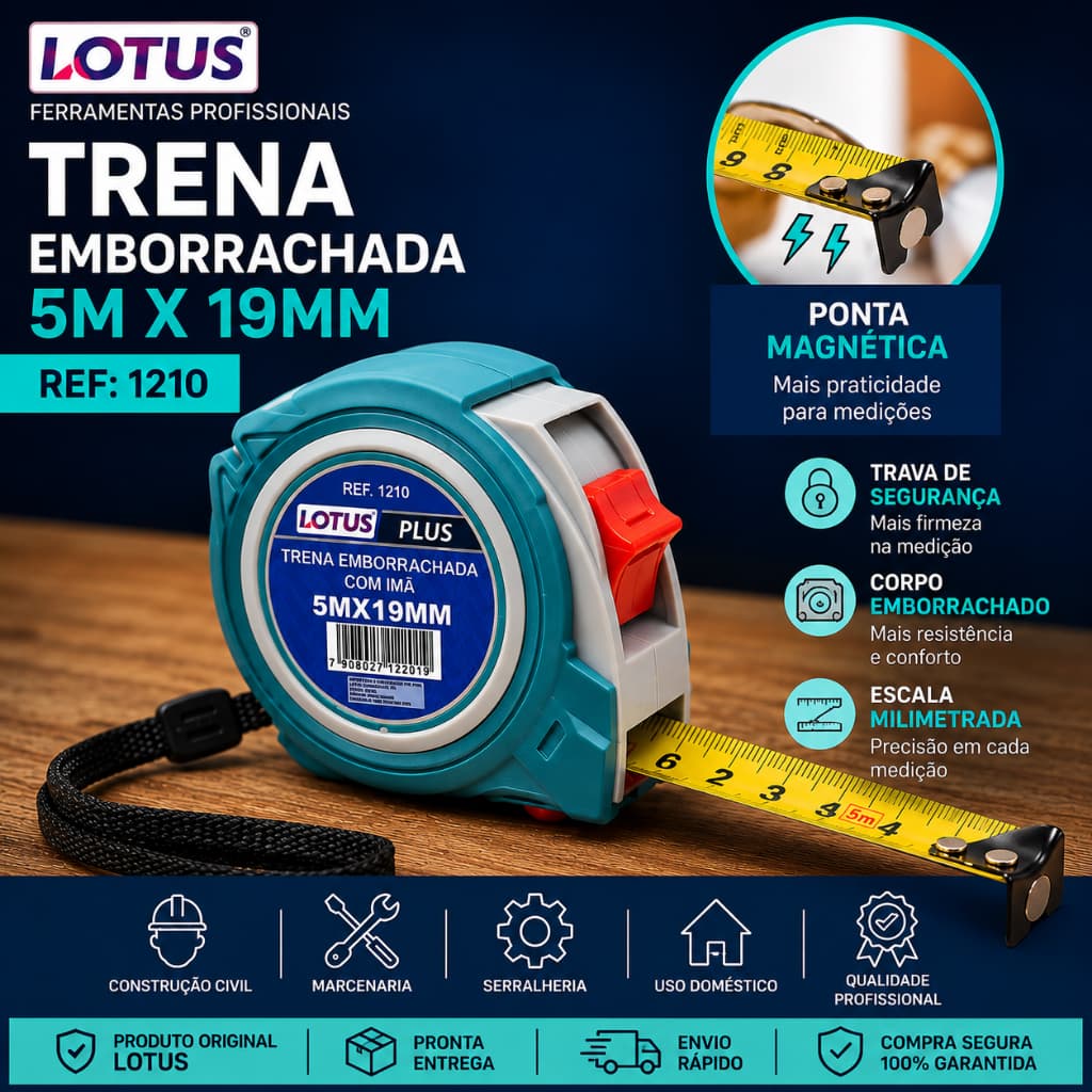 TRENA EMBORRACHADA 5 METROS X 19MM | USO PROFISSIONAL  | COM TRAVA DE SEGURANÇA  | PONTA MAGNÉTICA | 1210
