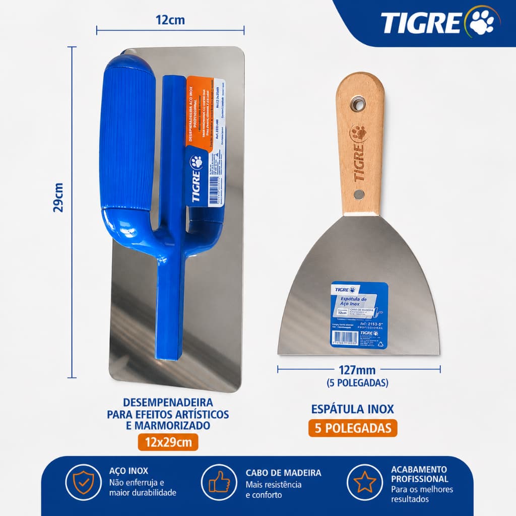 DESEMPENADEIRA AÇO INOX PARA EFEITO  ARTISTICOS , MARMORIZADOS COM ESPATULA INOX 5 POLEGADAS TIGRE