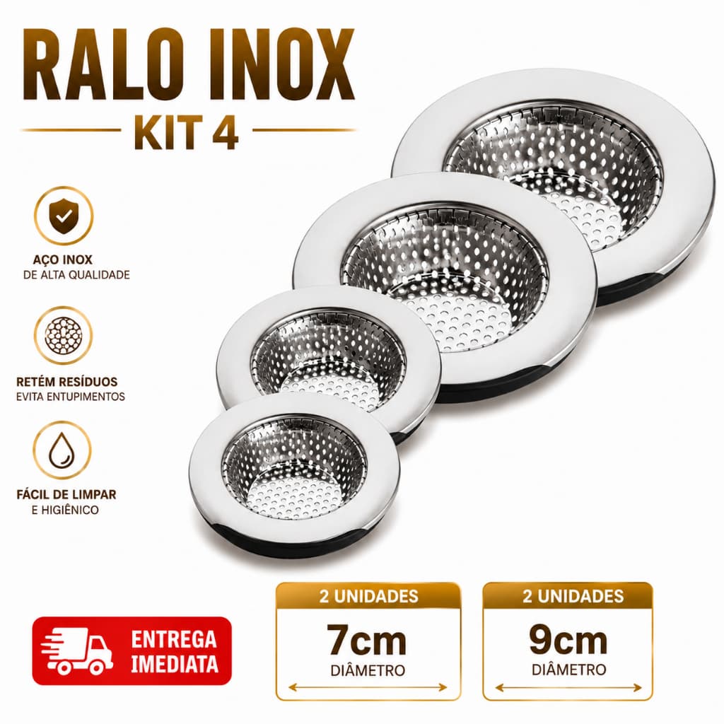 Kit 4 Ralinho Ralo para Pia 100% Inox Duradouro Higiênico 9Cm Casa Cozinha 2 peças de 9cm + 2 peças 7cm