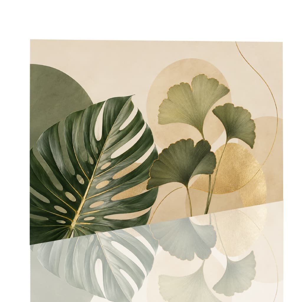 Quadro Decorativo Folhas Botânicas Costela de Adão Ginkgo Verde Dourado Horizontal