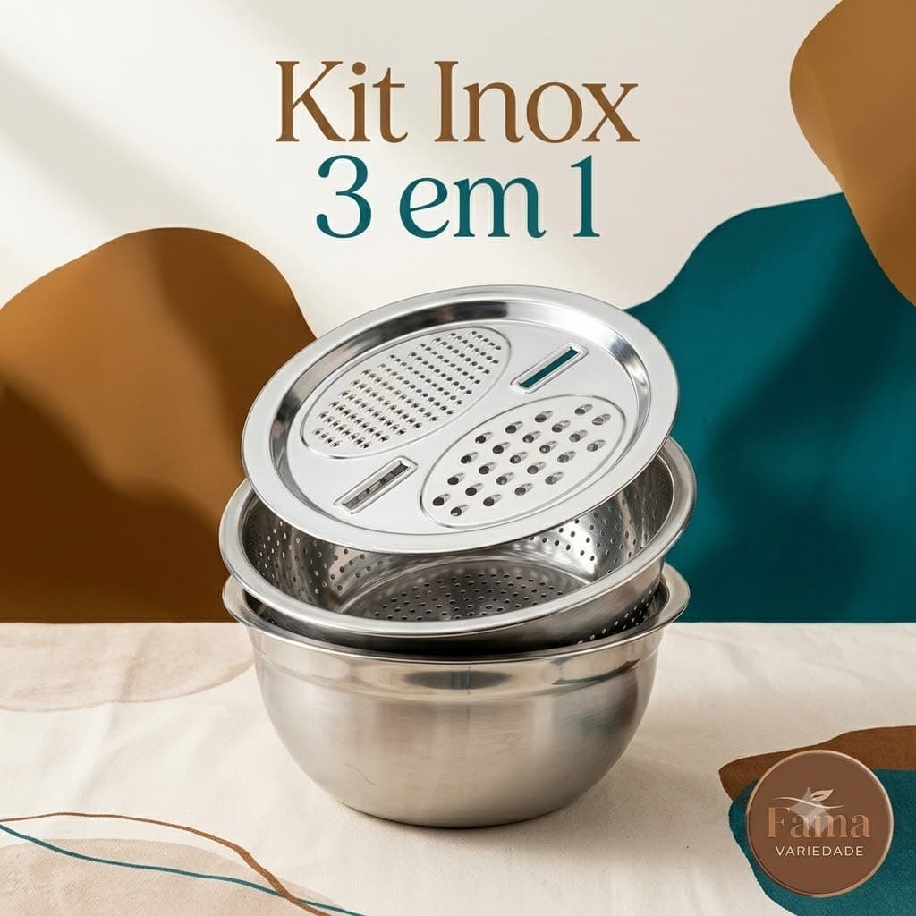 Conjunto Inox com Bacia Escorredor De Macarrão E Tampa Raladora 3 Peças Multifuncional para Cozinha