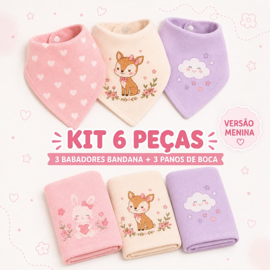 Kit Bebê 6 Peças 3 Babadores Bandana Ajustáveis + 3 Panos de Boca Macios Estampados Premium