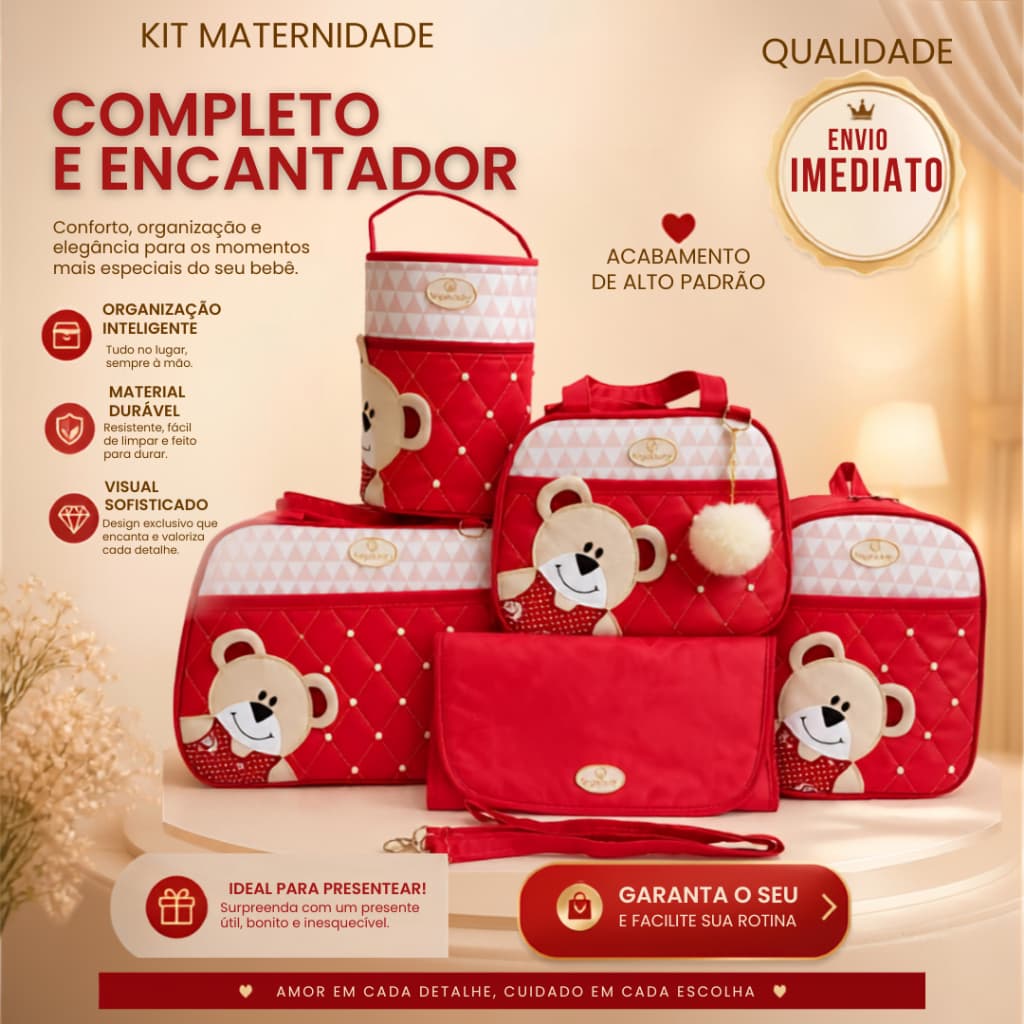 Bolsa Maternidade Urso De Lado 5 Peças (Vermelha)