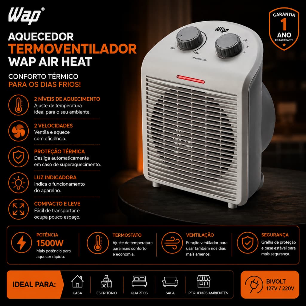 Aquecedor Elétrico WAP Air Heat 3 em 1 1500W Termoventilador Cinza 127V