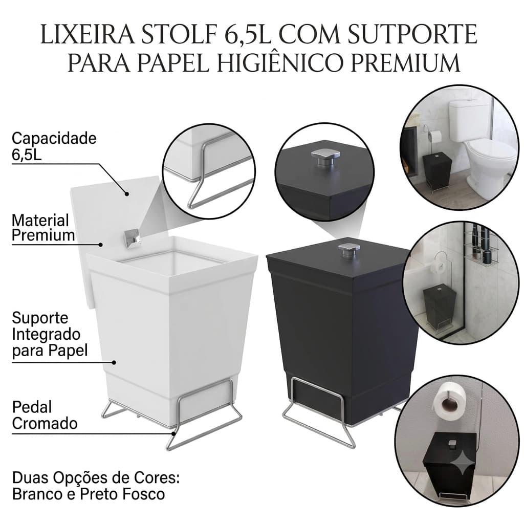 Lixeira 6,5L Com Suporte P/ Papel Higiênico Stolf Completo Banheiro Cozinha Escritorio Luxo Premium