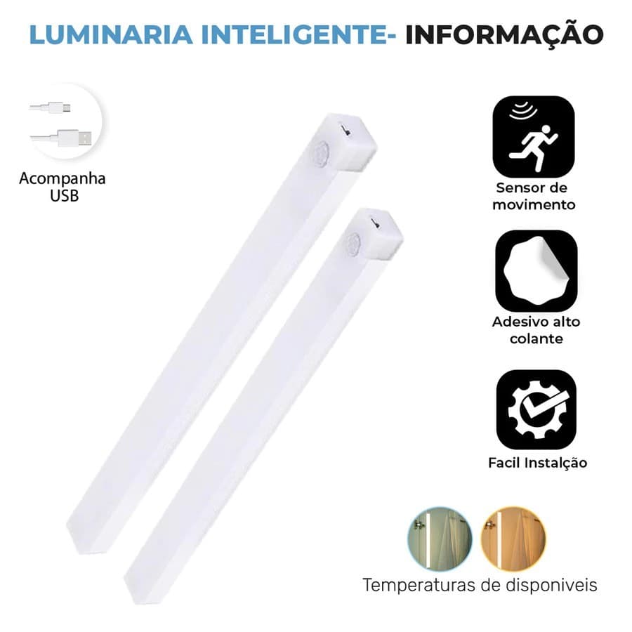 Luminária LED 30cm Sensor de Movimento Recarregável USB Sem Fio Armário Cozinha Escada