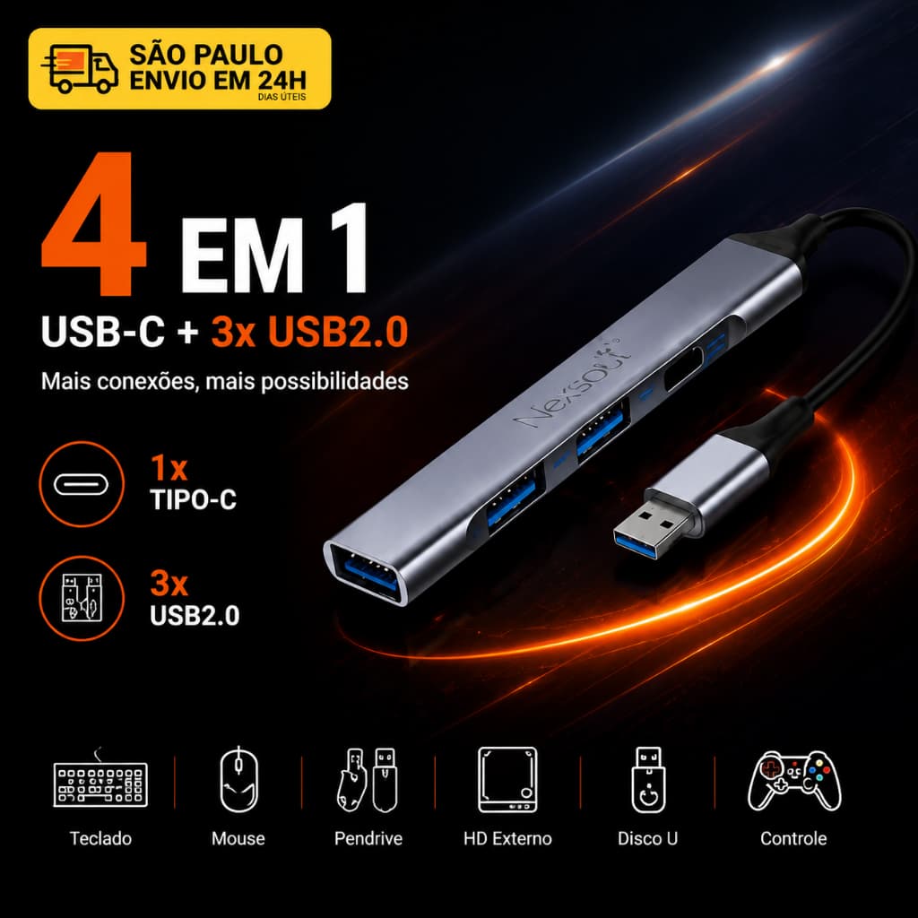 Hub USB C 4 em 1 USB 2.0 Alta Velocidade Adaptador para Notebook PC Teclado Mouse