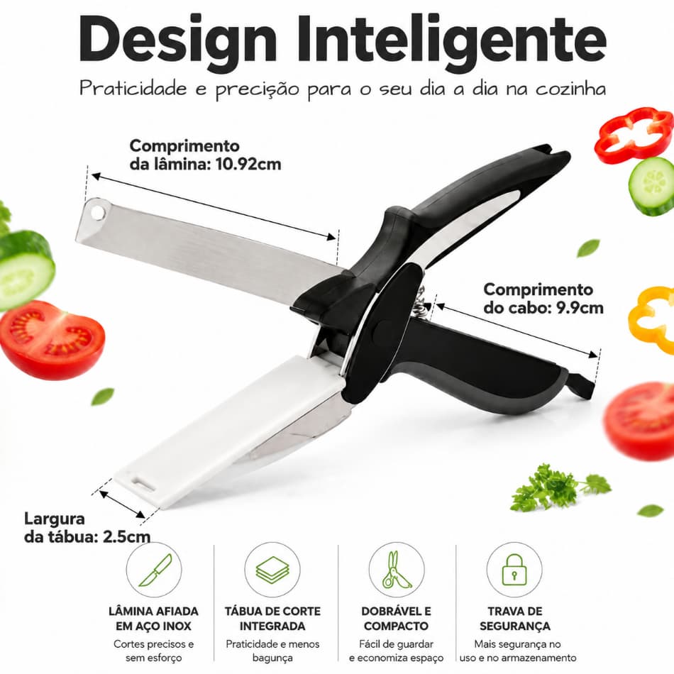 Tesoura Cozinha Multifuncional 2 em 1 Com Tábua de Corte Integrada Lâmina Inox Cortar Legumes Verduras Alimentos