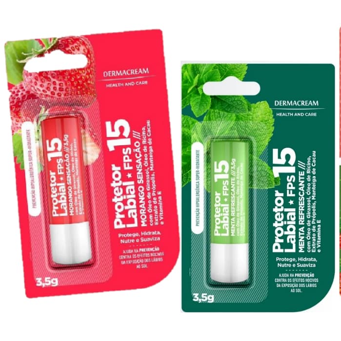 Protetor Solar Labial Refrescante Sun Fruits Dermachem Morango Menta Sensação UVA UVB FPS 15 e 24