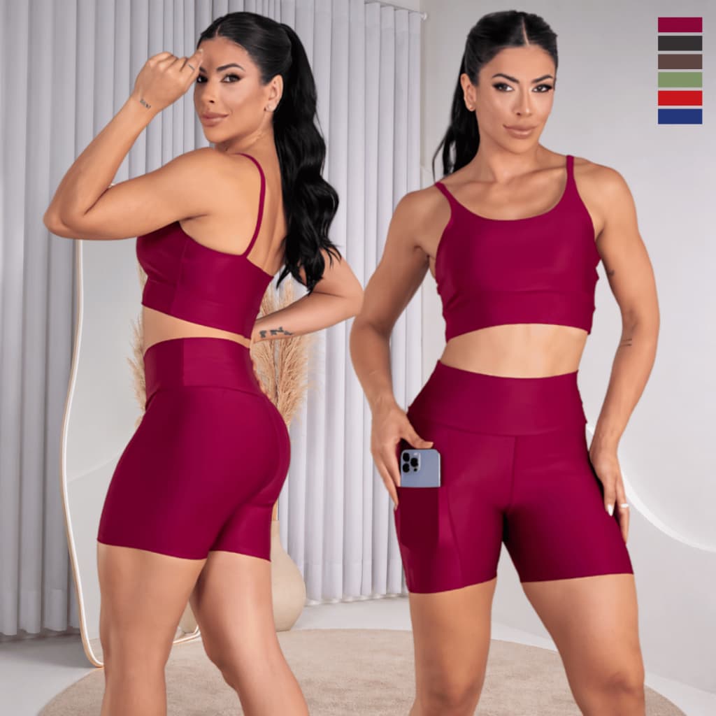 Conjunto Esportivo Com Bolso Bermuda Cós Alto e Top Feminino Corrida Atividade Dia a Dia