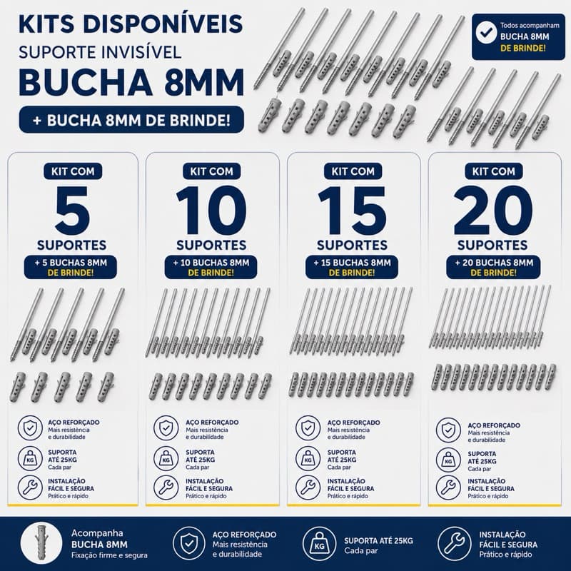 Kit Suporte Invisível 14cm Prateleira Com Bucha 8mm Aço Reforçado