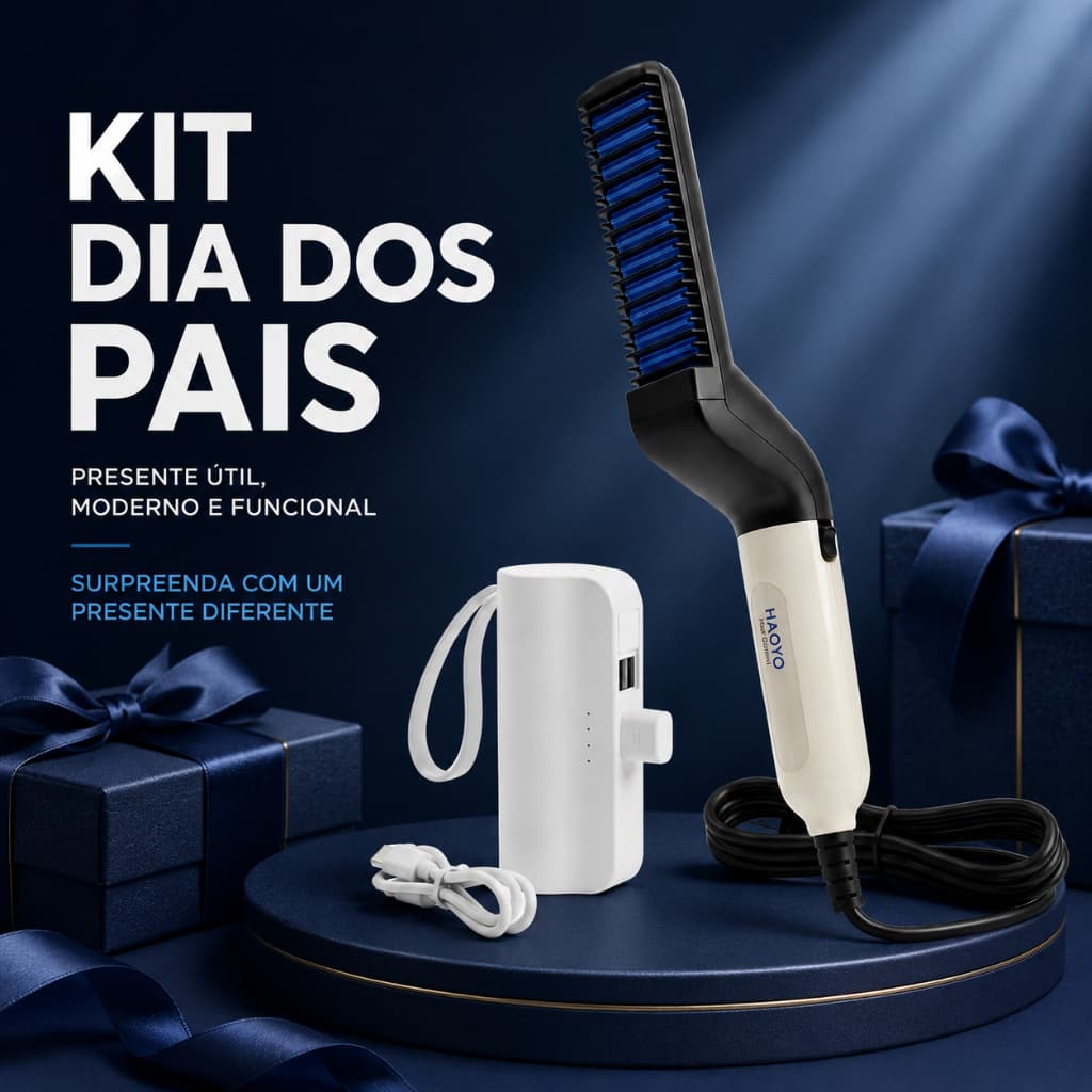 Kit Dia dos Pais Mini Power Bank 10000mAh + Pen e Alisador Elétrico para Barba e Cabelo Bivolt