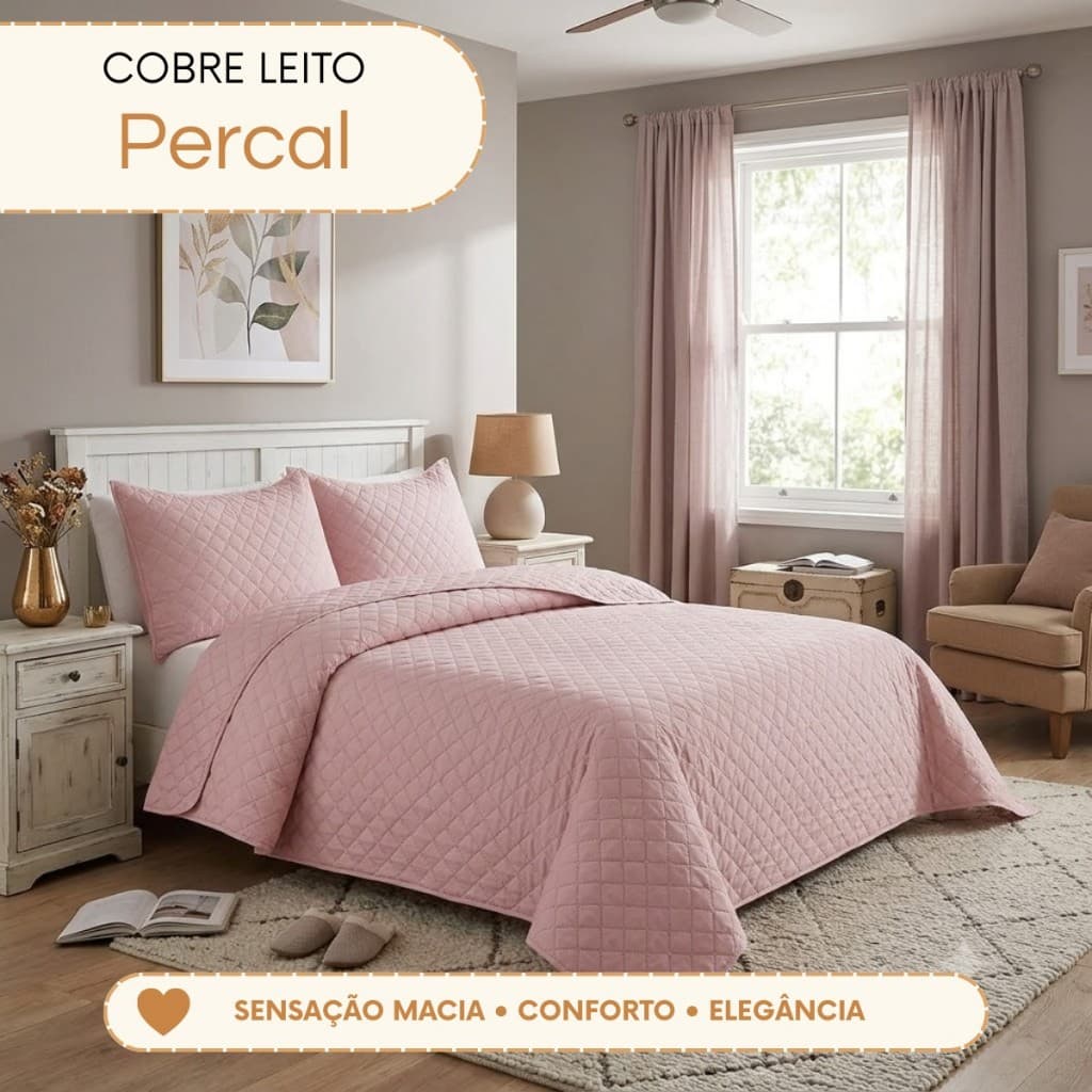 Kit Cobre Leito Colcha Queen Casal 3 Peças Percal 300 Fios Toque de Pluma Dupla Face com 2 Porta Travesseiros Luxo