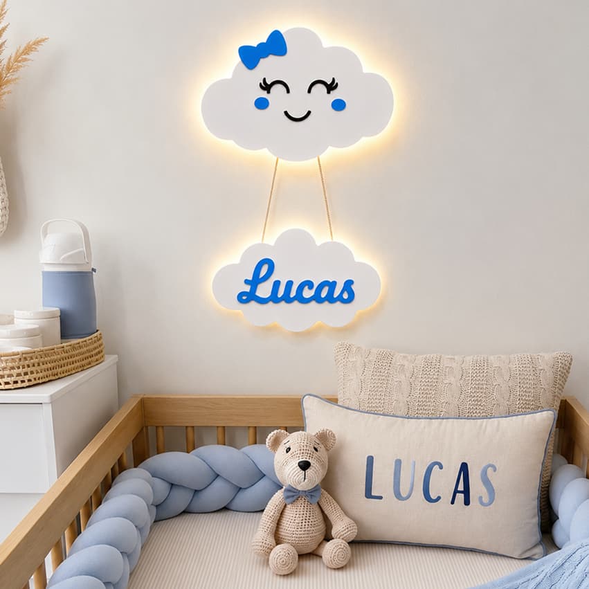 Luminária Nuvem Personalizada C Nome LED MDF Decoração Quarto Bebê Infantil Quadro Decorativo Menino Menina