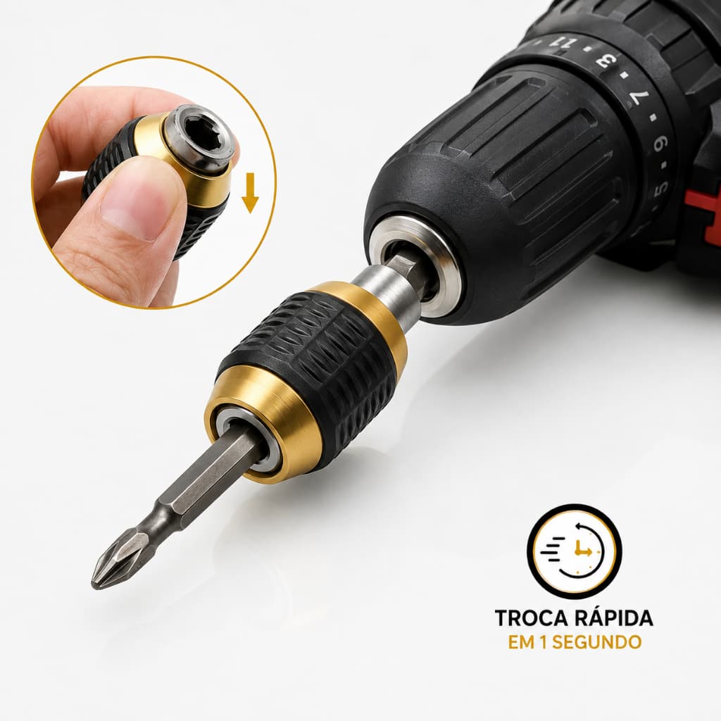 Adaptador Furadeira Extensor Troca Rápida Para Bits e Brocas Haste Hexagonal 1/4" Mandril Engate Rápido Parafusadeira