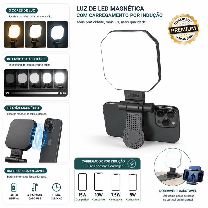 Luz LED Magnética F01 com Carregador por Indução MagSafe 3 Cores Recarregável para Celular