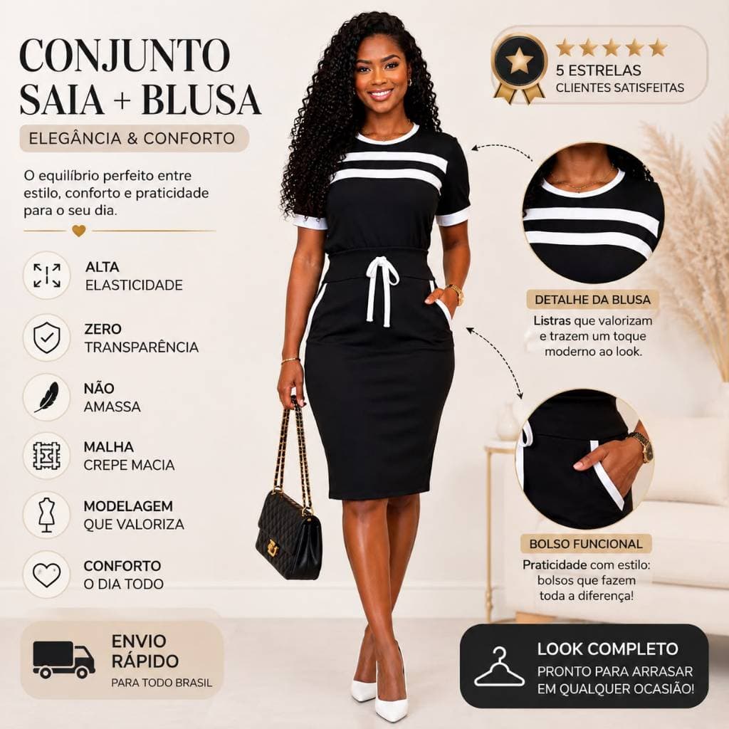 CONJUNTO EVANGELICO FEMININO MID SAIA E BLUSA MODA MODESTIA SOCIAL E ELEGANTE