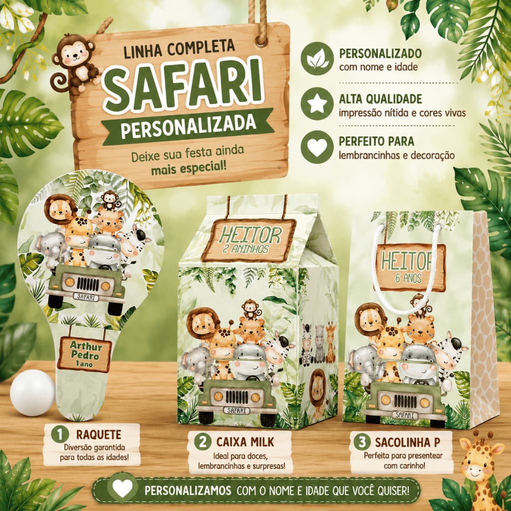 Kit Safari Personalizado | Raquete + Caixa Milk + Sacolinha P | Envio Rápido