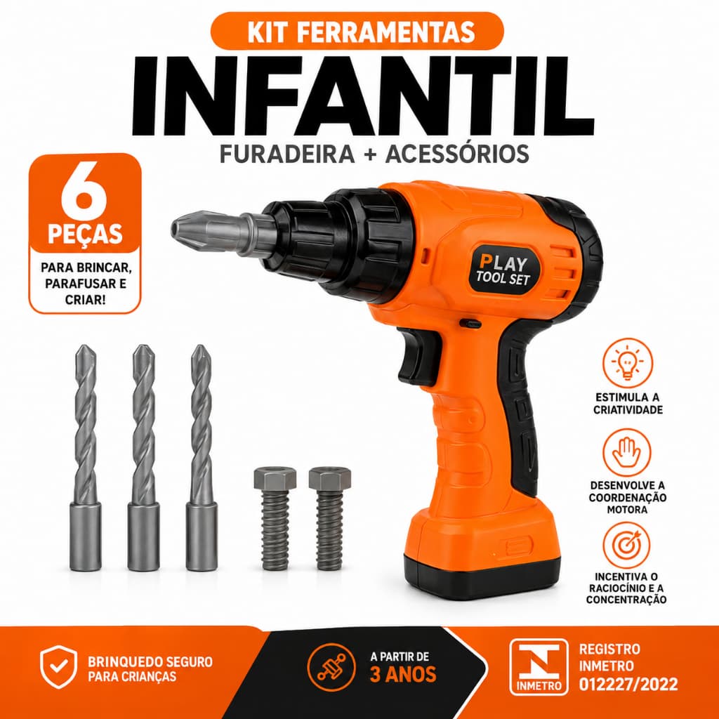 Kit Ferramentas Infantil com Furadeira de Brinquedo a Pilha 6 Peças Parafusadeira Infantil Educativa 🛠️