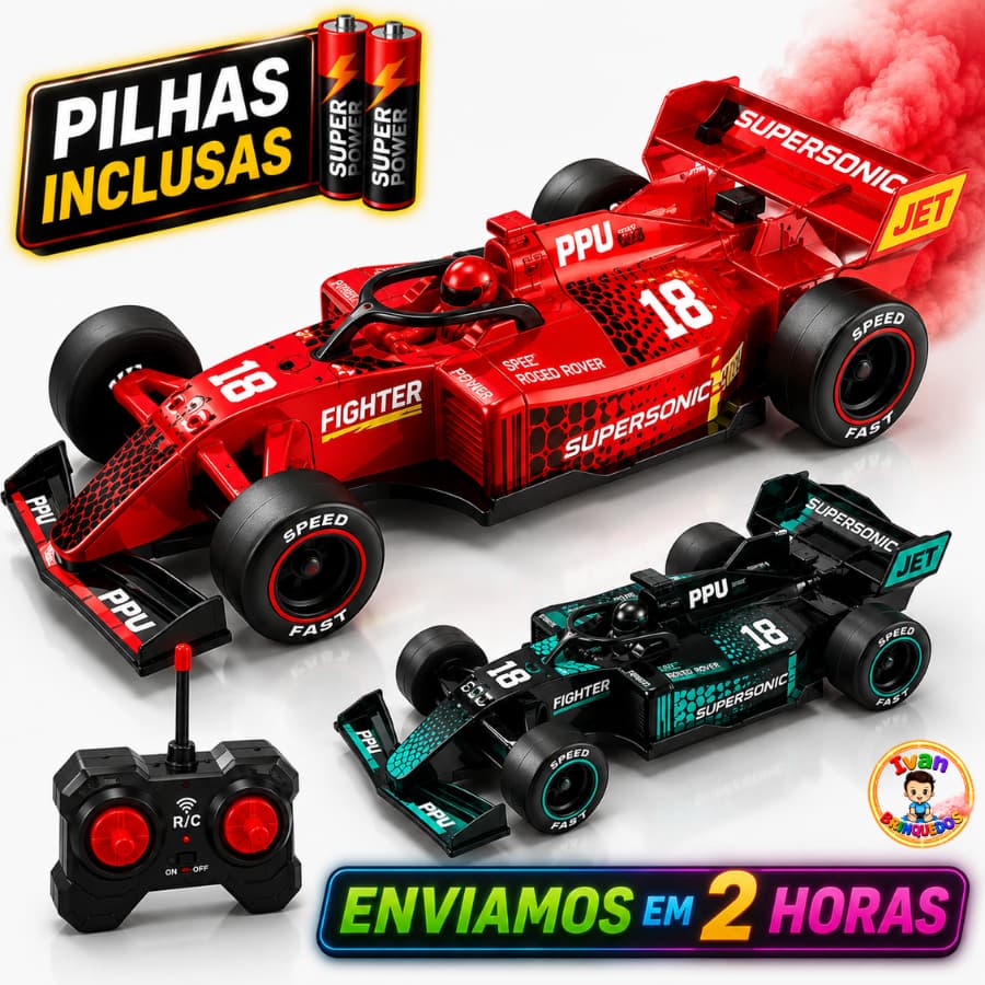 Brinquedo Carrinho de Controle Remoto Recarregável Formula 1 Solta Fumaça Controle Total Menino e Acessórios