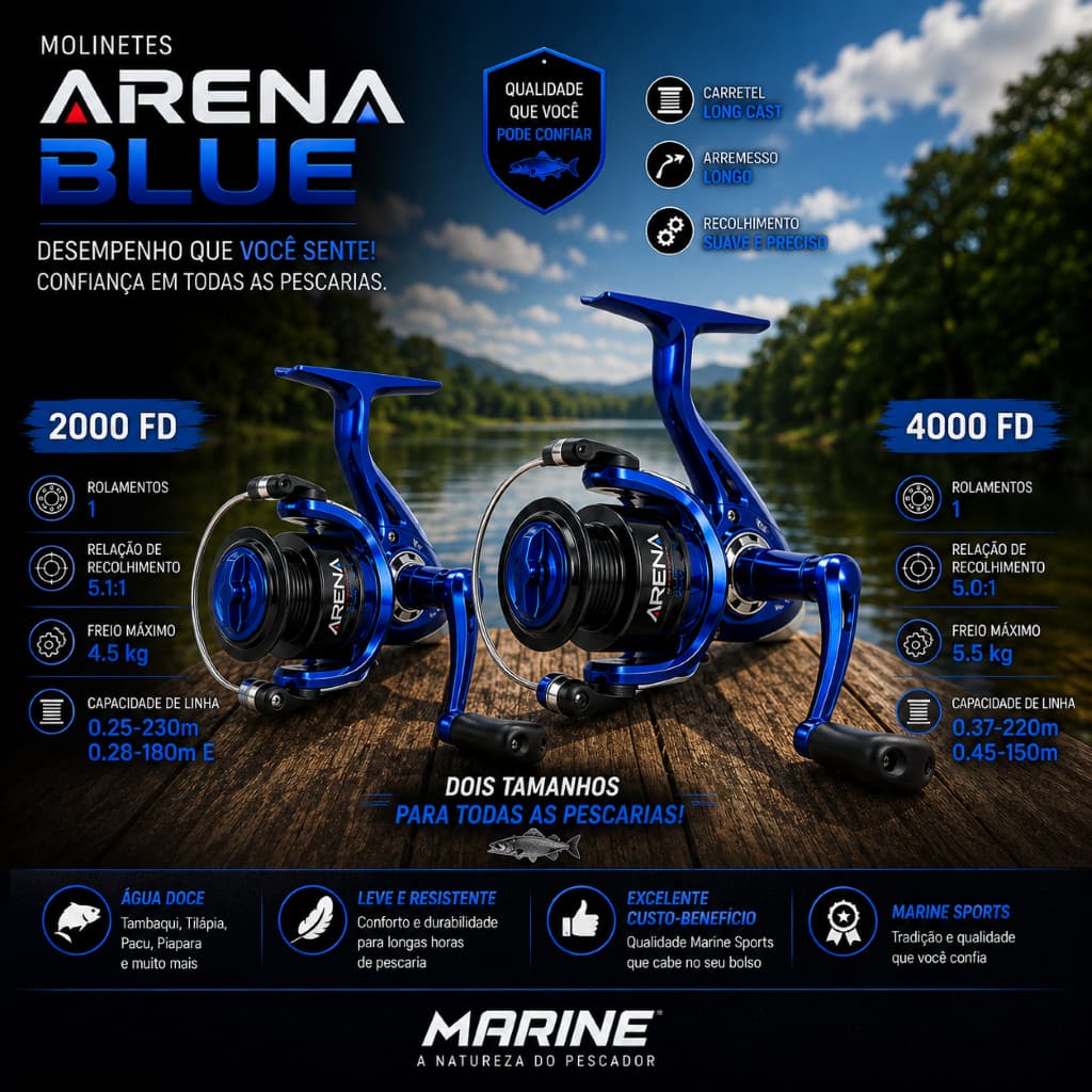 Molinete Pesca ARENA Blue 2000/ 4000 FD Marine Sports - Leveza, Durabilidade e Desempenho