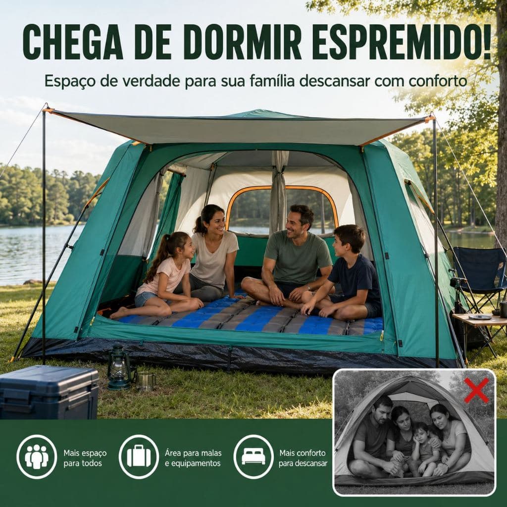 Barraca Camping Família Grande 2 Quartos Impermeável Resistente ao Vento Montagem Fácil
