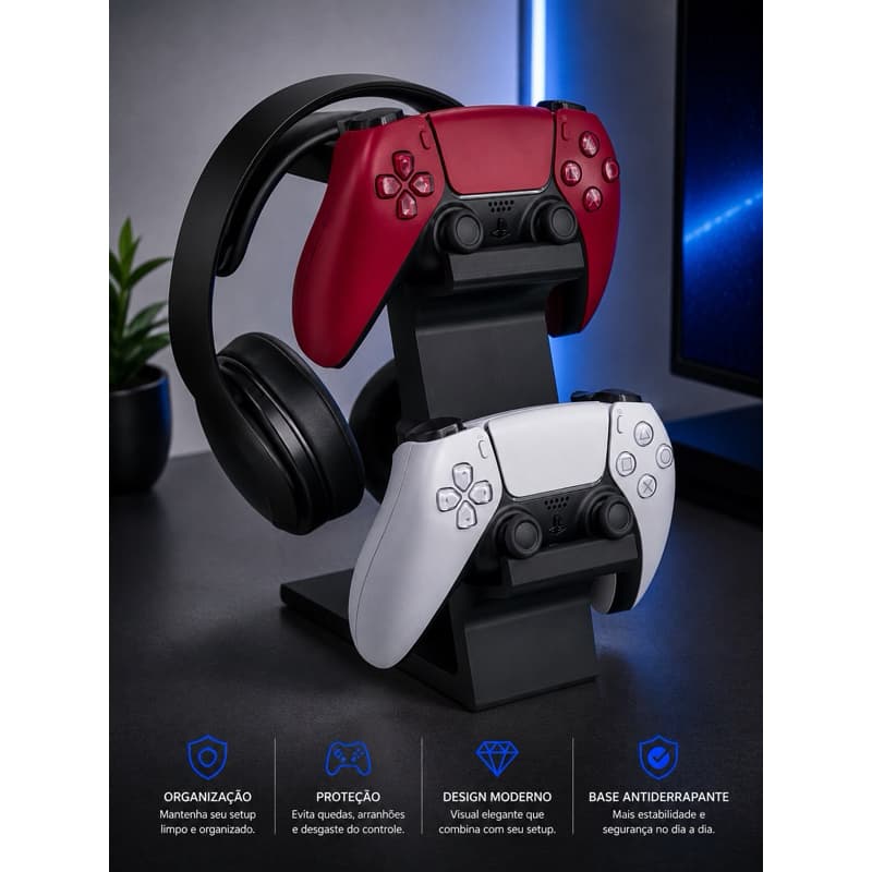suporte porta controle xbox one x / s ps4 ps5 fone preto mdf