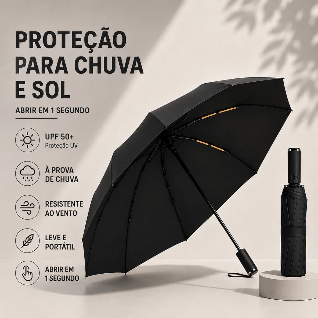 Guarda-Chuva Automático Grande 105cm - Resistente ao Vento, Abre e Fecha com 1 Botão, Proteção UV UPF50+