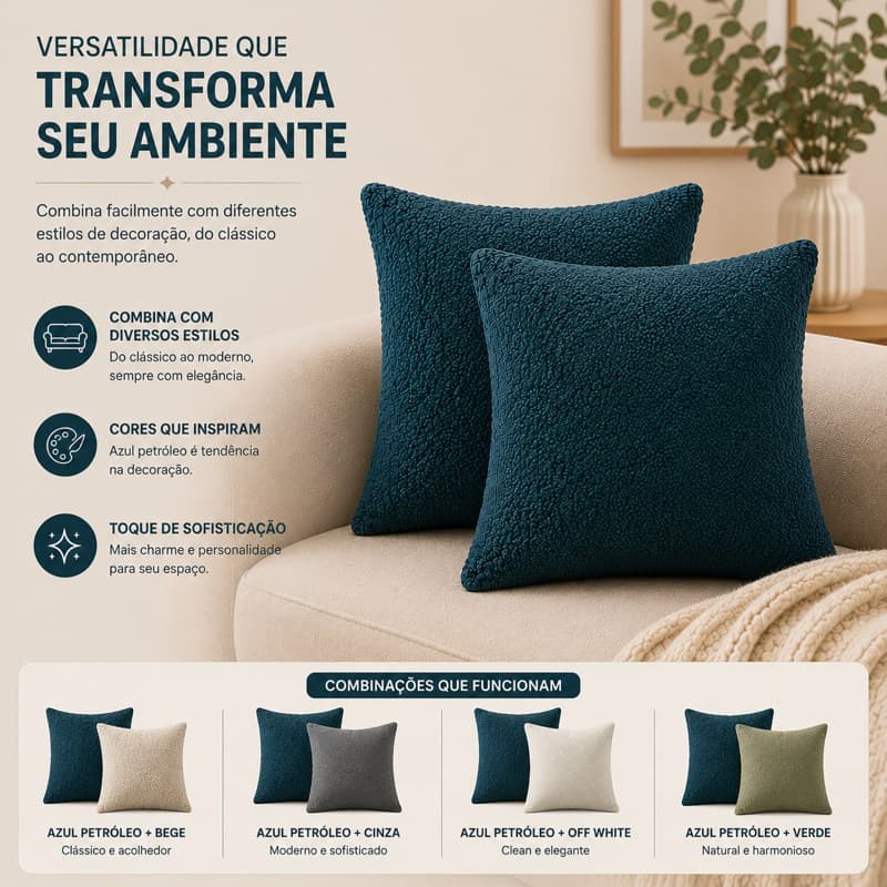 Kit 2 Capas de Almofada 40x40 Bouclê Azul Petróleo com Zíper para Sofá Decoração