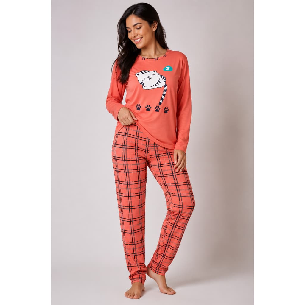 Pijama longo feminino HK estampa do gatinho salmão
