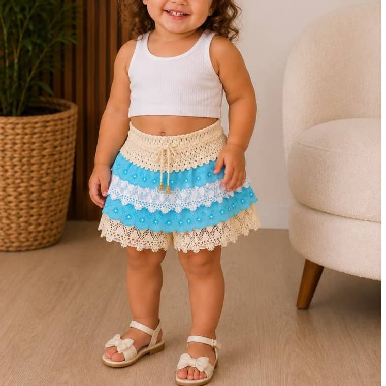 Shorts Saia Babado Infantil Crochê e Rendinha Meninas 01 a 03 Anos Moda Verão