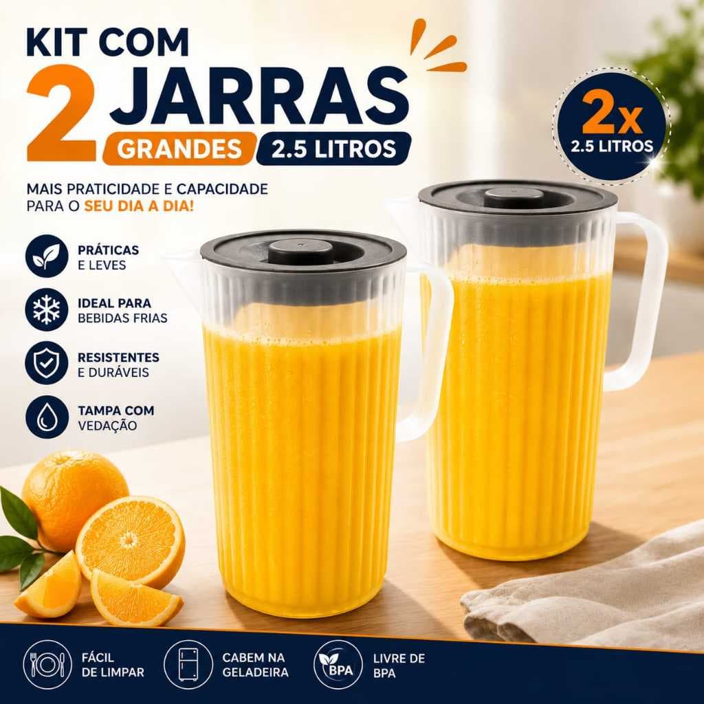 Kit Com 2 Jarras  Termicas Branca Caneladas Com Tampa Cinza 2,5 Litros Agua Sucos Jarras 2,5 Litros