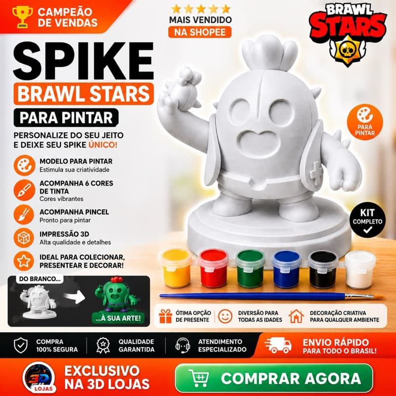 Boneco Spike Brawl Stars 3D Para Pintar + 6 Tintas e Pincel | Colecionável