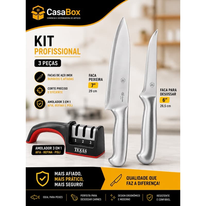 KIT Faca Peixeira + Faca Desossar + Afiador de faca amolador 3 Peças Profissional