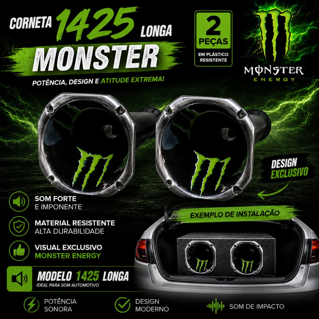 Kit 2 Cornetas Longas 1425 Monster Som Automotivo Caixa Trio