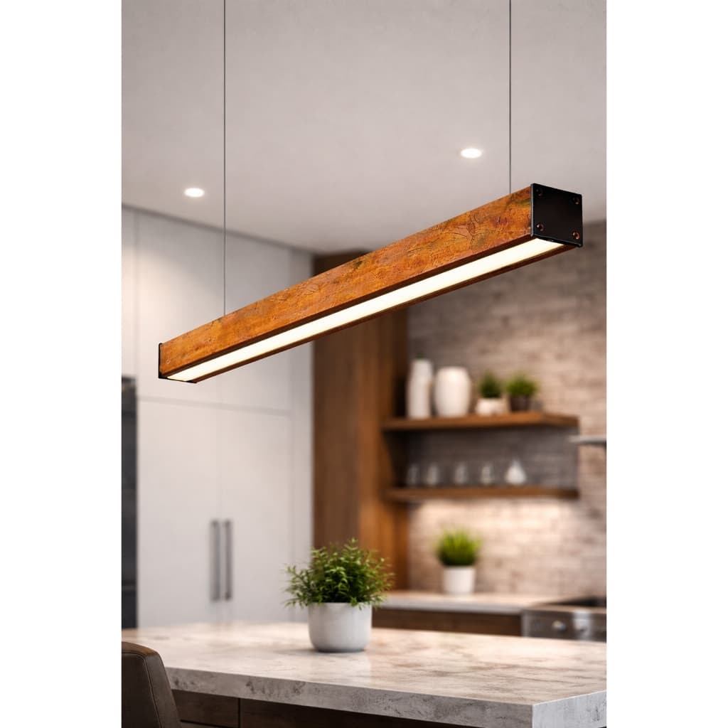 Pendente LED Linear em Madeira de Demolição 18w Luz Quente - Luminária Decorativa Sala Cozinha Alto Padrão