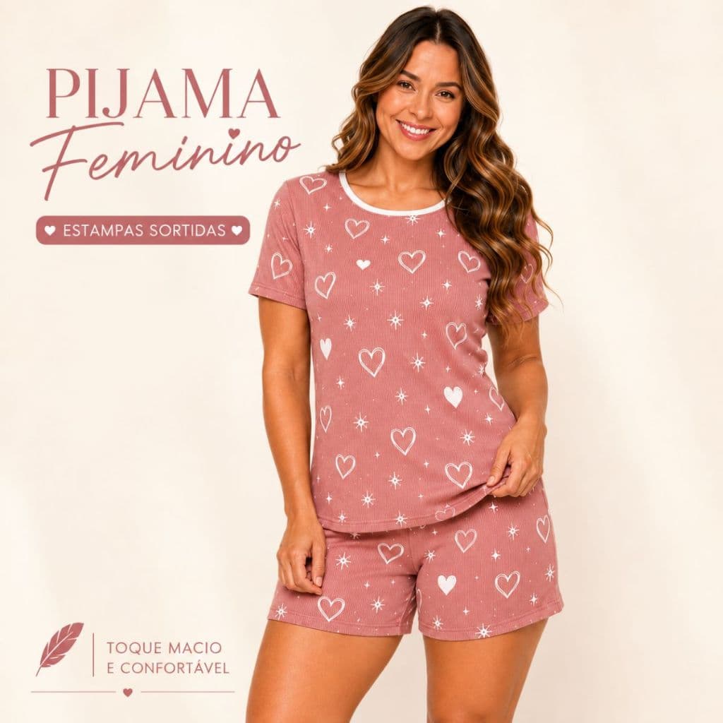 Pijama Feminino Curto Suede Canelado  Confortável Conjunto Camiseta e shorts Super Macio