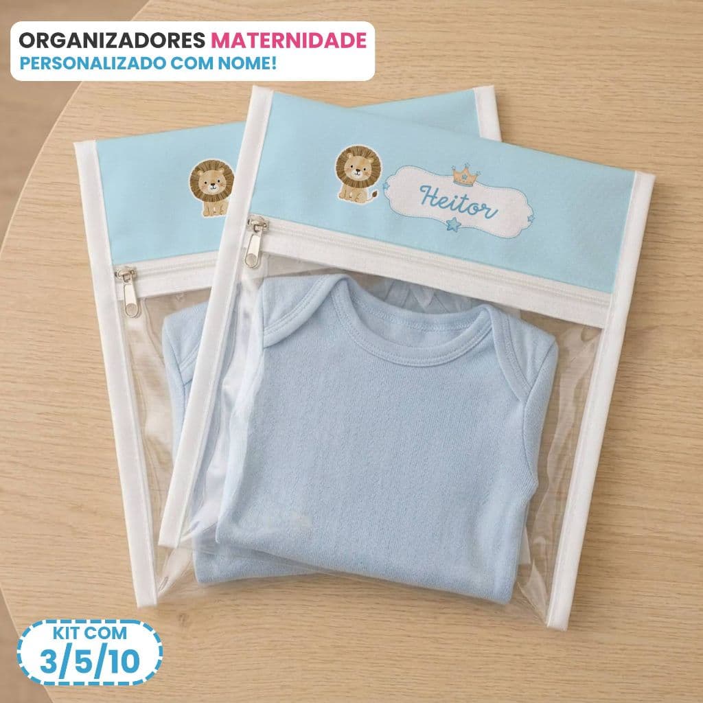 Kit 3/5/10 Organizador Com Zíper Saquinho Plástico Maternidade Transparente PVC Personalizado Com Nome Bebê Infantil