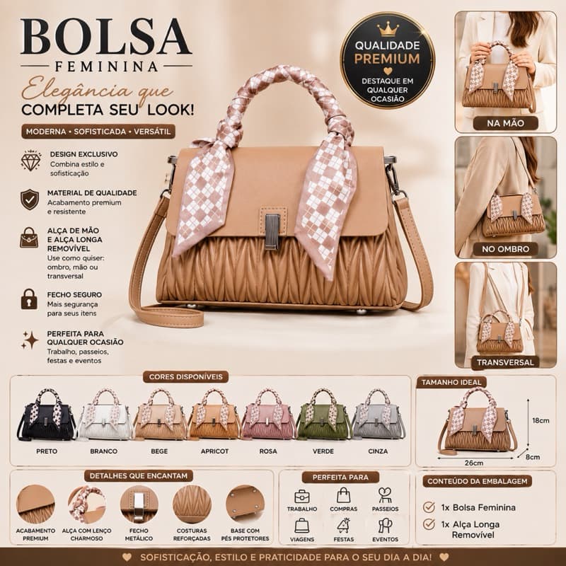 Bolsa Feminina Estruturada com Lenço, Alça de Mão e Alça Longa Removível – Elegante e Moderna 0820