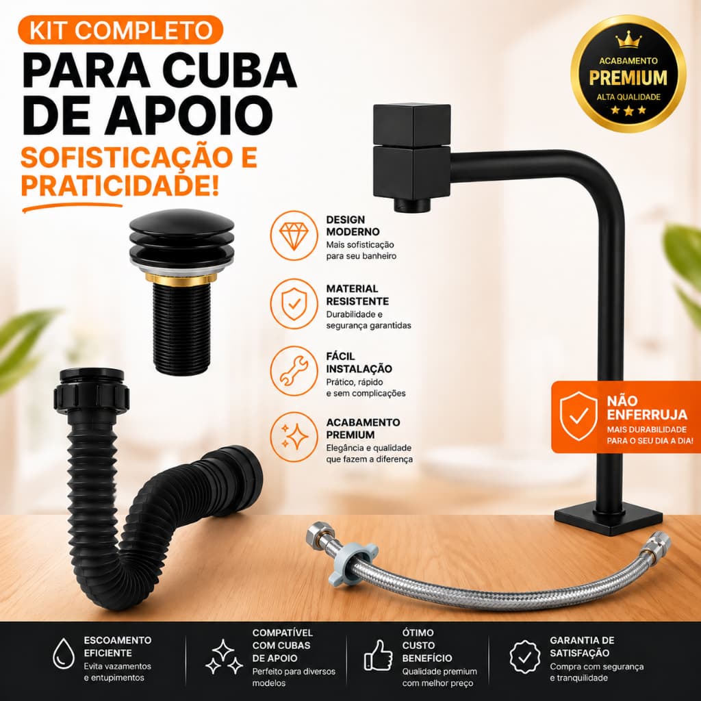 Kit Torneira Quadrada Banheiro Preta 90° Preto Fosco Metal + Válvula Click + Sifão + Engate Lavatório Cuba