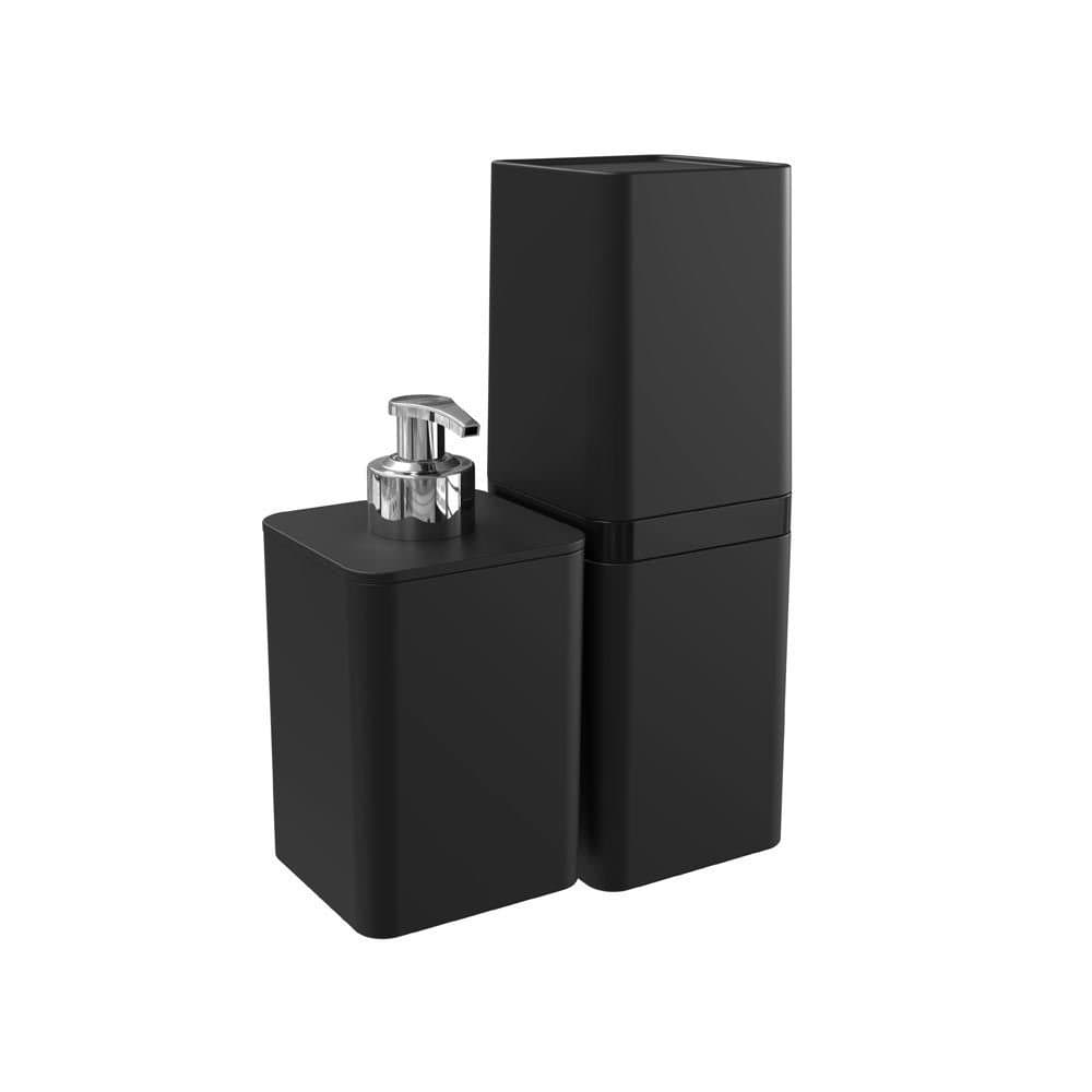 Porta Escova Dente Dispenser Sabonete Líquido 350ml Preto Banheiro Kit Organizador