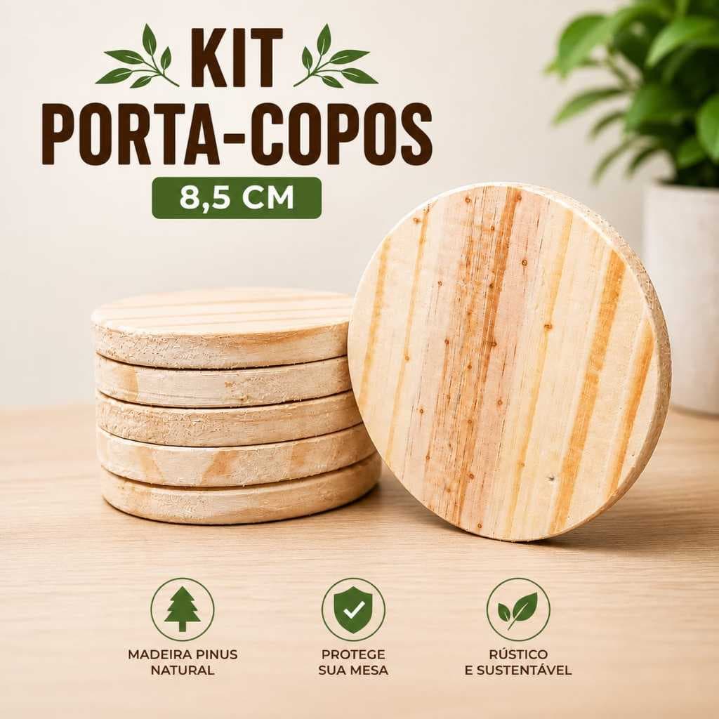 Kit Porta Copos de Madeira Pinus Redondo, Taça, Xícara, Caneca, Copo Cerveja