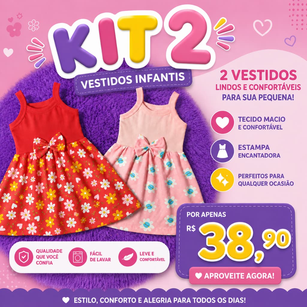 KIT com 2 Vestidos Bebê Laço 1 a 3 anos Algodão