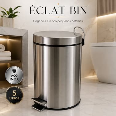 Lixeira Inox 5 Litros com Pedal Redonda Banheiro Cozinha Escritório Aço Inox Resistente Éclat Bin