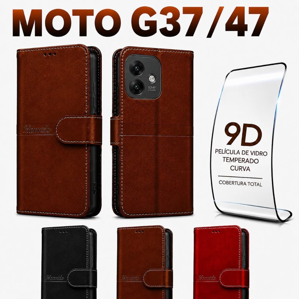 Motorola Moto G37 e Moto G47  Capa Carteira Flip Magnética Couro Porta Cartão Anti Impacto Suporte + Película 9D