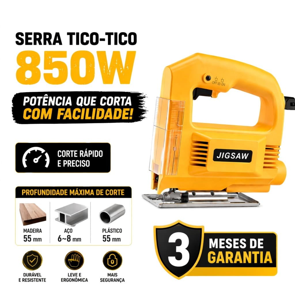 Serra Tico Tico Profissional 850W para Corte Curvo Reto Madeira Metal Plástico Marcenaria