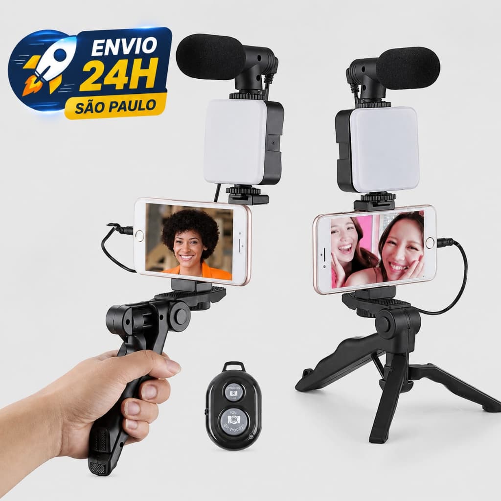 Tripé Para Celular Com Luz LED Microfone Kit Vlog Completo Suporte Smartphone Controle Bluetooth Para Gravação De Vídeo