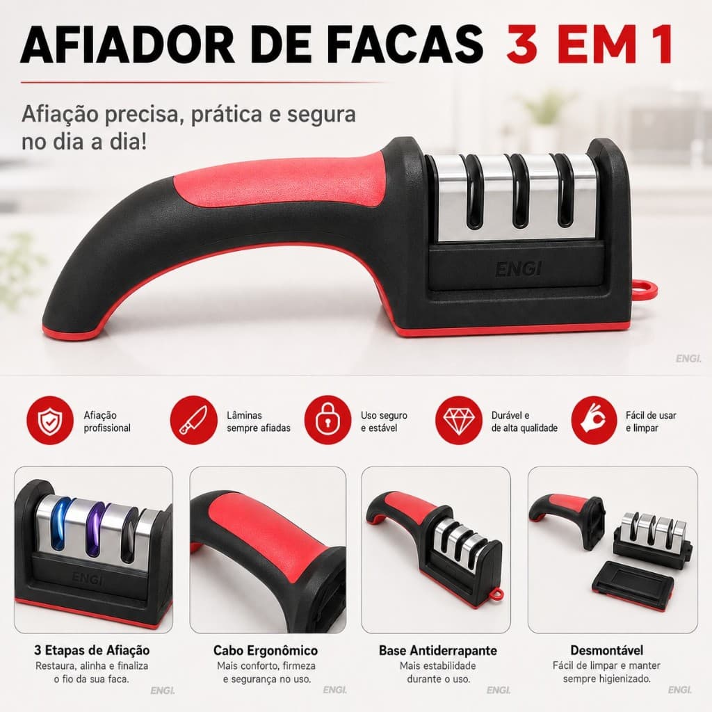 Afiador Amolador De Facas E Tesouras Profissional 3 Em 1 Aço Inox Manual Portátil Cozinha Churrasco Base Antiderrapante