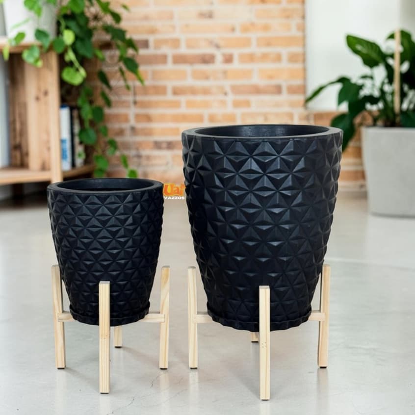 Kit Vasos Diamante M e G + Suporte de Madeira P/Plantas, Flores Decoração Casa Jardim C/Prato