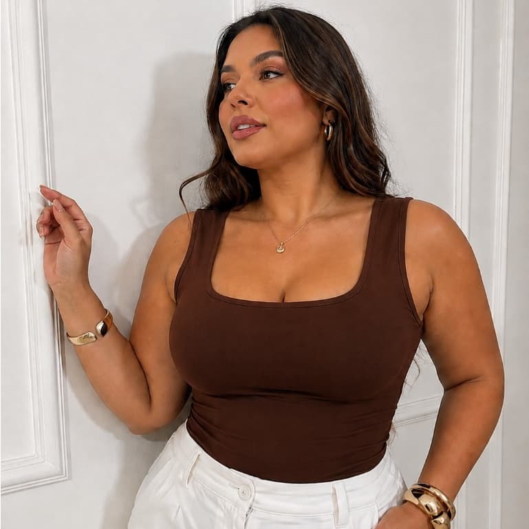 Blusas Regata Plus Size Feminina Suplex Estilosa Básica Decote Quadrado Moderna